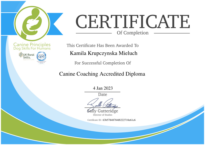 Certificate of completion of the Canine Coaching Accredited Diploma