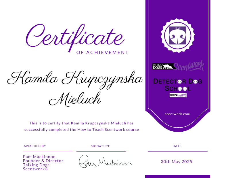 Certificate of completion of the Talking Dogs Scentwork course at Detector Dog School
